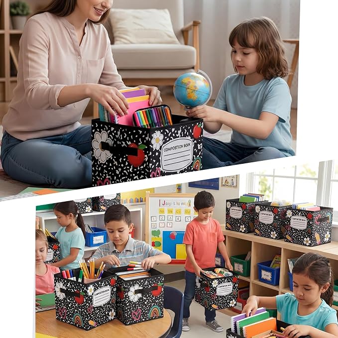 6 Pcs 11 Inch Composition Notebook Fabric Storage Cube Bin with Handle Foldable Composition Classroom Container Cubby Basket Bin for Back to School Decoration Office Home Nursery Organizer - Image 6