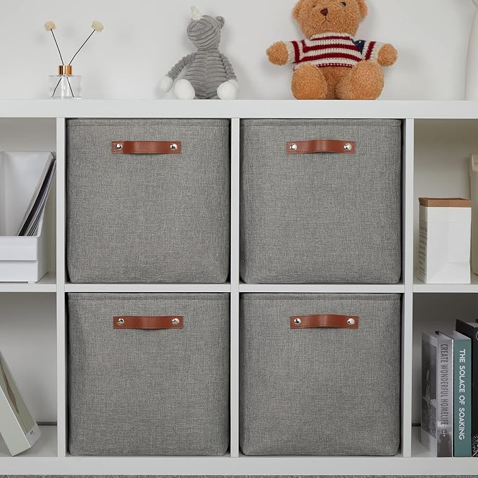 DULLEMELO Cube Storage Boxes,13 inch Fabric Baskets Closet Storage Bins for Home Organization and Storage,Stackale Gift Baskets Empty for Nursery Clothes Toys Kids Storage(Grey) - Image 7
