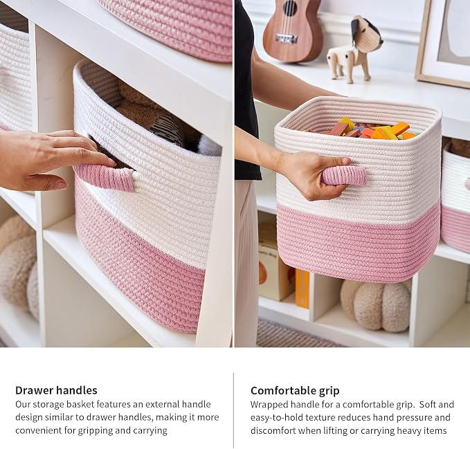 R RUNKA Storage Cube Baskets for Organizing 11 inch-3 Pack- Square Baskets for Cube Storage, Closet Storage Bins - Woven Cube Storage Bins for Shelves- Cube Drawer- Ideal for Toy Storage White & Pink - Image 7
