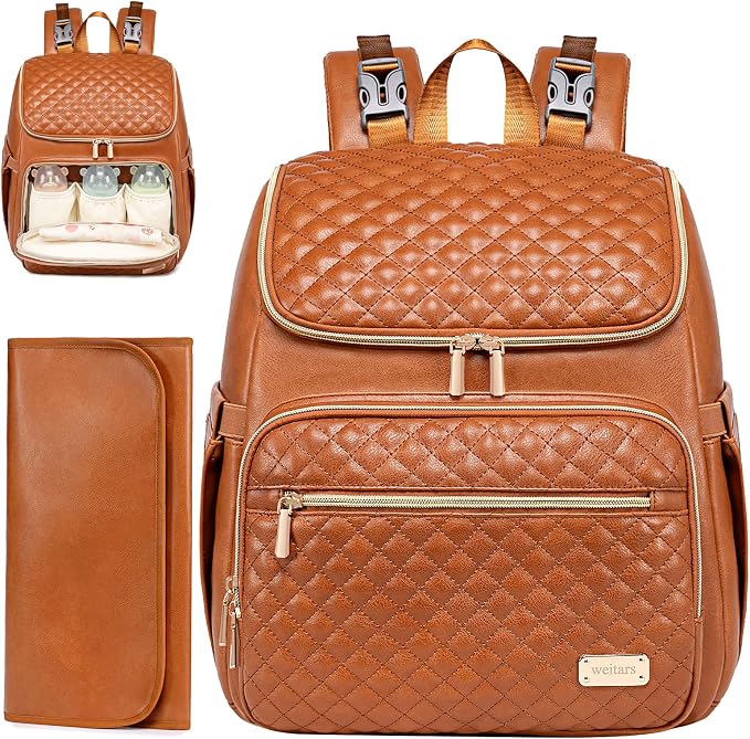 Diaper Bag Backpack Leather Baby Diaper Bag with Changing Pad Travel Diaper Backpack,Baby Bag for Mom,Stroller Straps,5 Insulated Pockets (Brown Leather) - Image 8