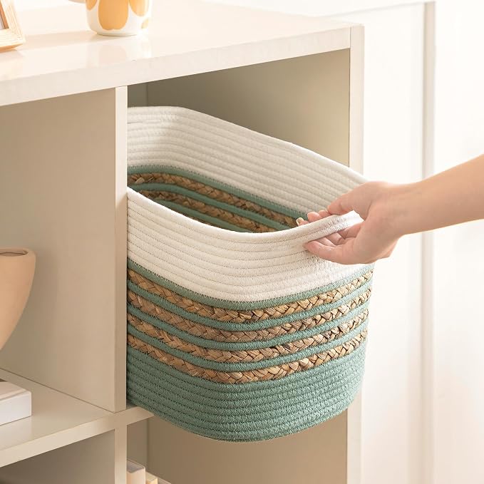 UBBCARE 4 Pack Baskets for Organizing, Woven Storage Baskets for Toys and Towel, Rectangle Cotton Rope Basket with Handles, 14''L x 8''W x9''H, Green - Image 7