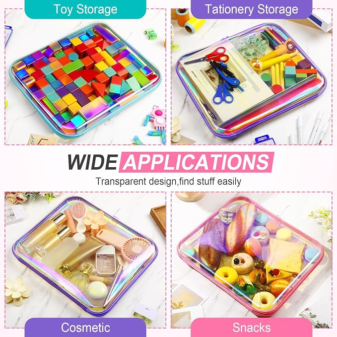 Sanwuta 6 Clear Hard Zipper Case,Holographic,13.78 X 11.81 X 2 Inch | Pencil Case Pouches ,Makeup Bag,Plastic Toiletry Diaper Bag ,Travel Toy Storage,Waterproof Organizer Bins - Image 7