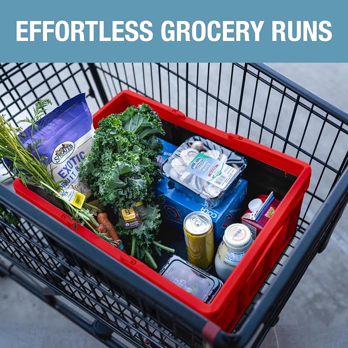 CleverMade Collapsible Shopping Basket, 32L Storage Crate, 1 Pack, Red | Carry Bigger Grocery Hauls with Confidence | Rigid Walls Hold 35 lb, While Top and Side Handles Balance the Load - Image 7