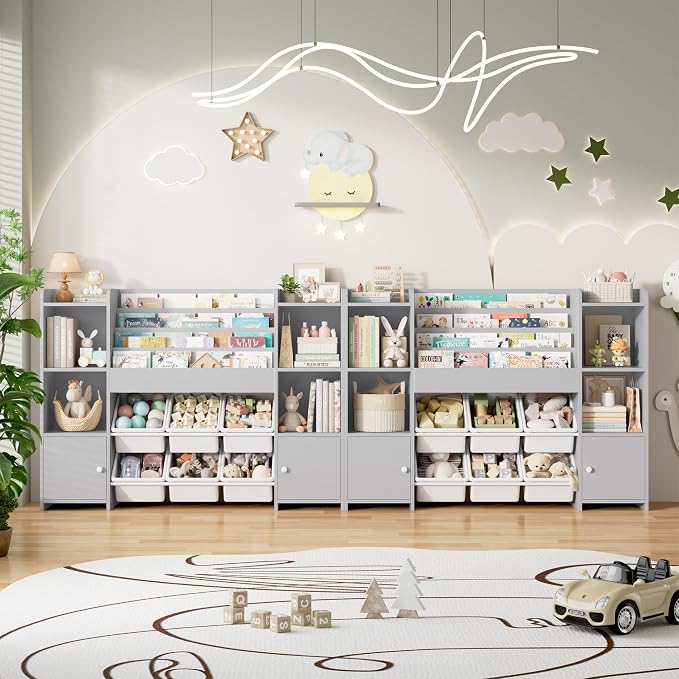 Toy Storage Organizer with 6 Toy Bins & 4 Tier Kids Bookshelf | Toy Organizer with 6 Cubbies, Kids Toy Organizers and Toy Storage with Bins, Playroom Storage and Toy Chest, Grey - Image 9