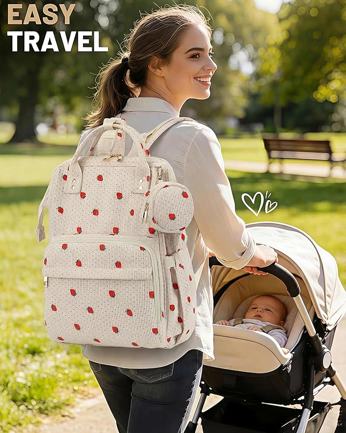Corduroy Diaper Bag Backpack, Large Capacity Multifunction Baby Diaper Bags for Women, Insulated Bottle Pockets & Pacifier Case, Stylish Travel Nappy Changing Bags for Mom Dad (Strawberry) - Image 8