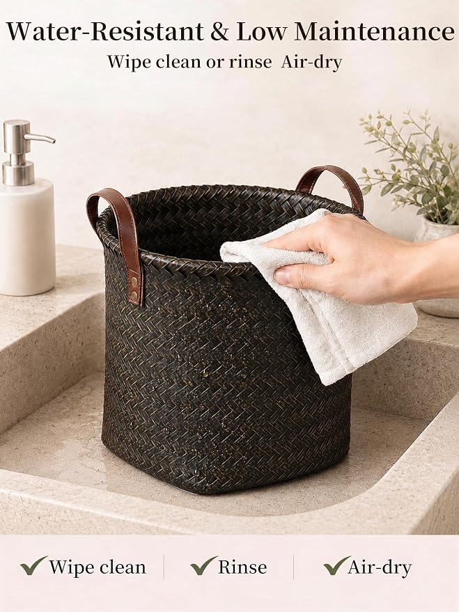 Wicker Storage Baskets, 4 Pack Woven Baskets for Shelves, Dark Gold | PP Rattan, Water-resistant Wicker Basket, Large Baskets with Faux Leather Handles for Blanket, Laundry Organizer, Room Decor - Image 7