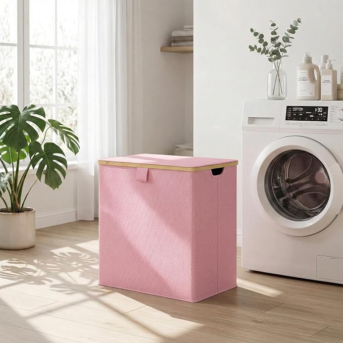 efluky Laundry Hamper with Lid, Double Laundry Basket with 2 Removable Bags, 2 Section Laundry Bin with Bamboo Handles for Bathroom, Bedroom & Laundry Room, 140L (36.9 Gallon) Pink - Image 8