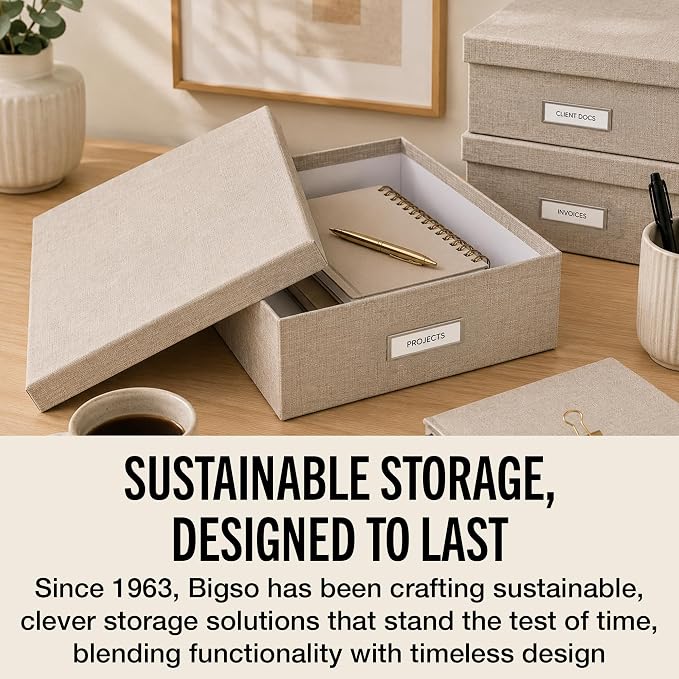 Bigso Oskar Fiberboard Label Frame Document Letter Box for Important Paperwork A4 or Letter Size - Durable Keepsake Box with Lid and Metal Label Holder - 3.3in x 10.2in x 13.8in - Melange Beige - Image 7