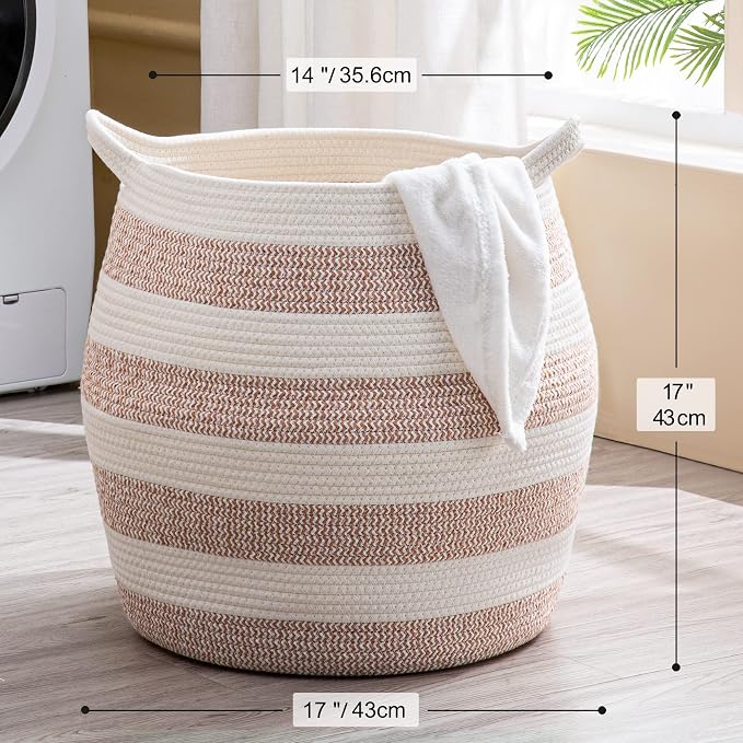 KAKAMAY Woven Baskets for Storage(17"x17"),Large Cotton Rope Woven Baby Laundry Hamper,Collapsible Laundry Basket, Blanket Basket for Organizing Living Room,Nursery,Pillows,Toy Chest(Rose) - Image 7