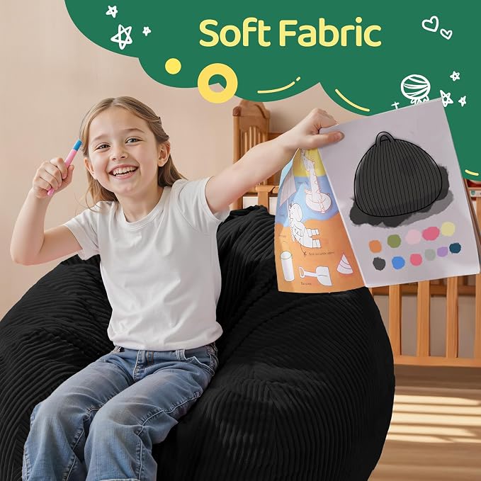 2FT Bean Bag Chair: 2' Small Bean Bags with Memory Foam Filled | Beanbag Chairs with Handle,Teardrop Bean Bag Sofa with Corduroy Machine Washable Cover for Living Room,Bedroom-Black - Image 7