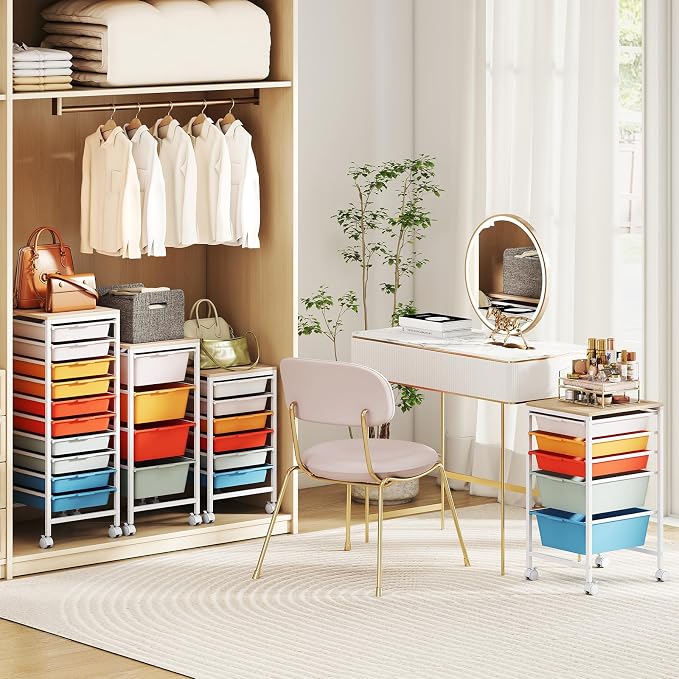Rolling Storage Cart with 4 Drawers, Plastic Craft Organizer on Wheels with Wooden Top, Mobile Art Supply Utility Cart for Classroom, Home, Office - Image 8