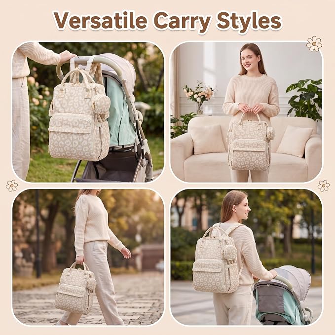 Baby Diaper Bag Backpacks for Mom Dad, Corduroy Large Capacity Multifunction Nappy Bag with Pacifier Case, Baby Travel Essentials Diaper Backpack for Boys Girls - Leopard Khaki - Image 8