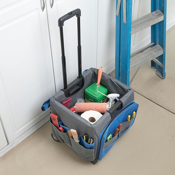 Folding Mobile Utility Cart, Canvas Organizer Bag, Blue/Grey | Durable plastic, 30 compartments, adjustable handle, 40 lb capacity, collapses to 3" thick, rolling wheels for easy transport - Image 9