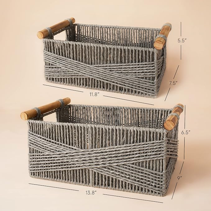 LA JOLIE MUSE Wicker Storage Baskets for Organizing, Recyclable Paper Rope Basket with Wood Handles, Decorative Hand Woven Basket Organizers for Makeup Books Shelves Living Room, Grey, Set of 2 - Image 5