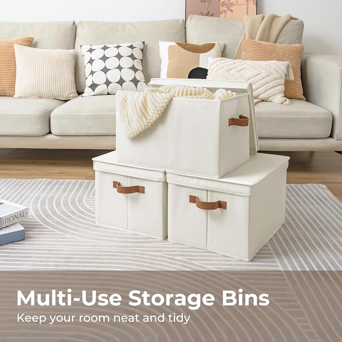 StorageWorks Fabric Storage Bins with Lids, Closet Storage Bins | Lidded Dust-proof, Easy Pull Handles, Foldable, Stackable, Ideal for Clothes Blanket Towel, Jumbo, Ivory, 3-Pack - Image 8