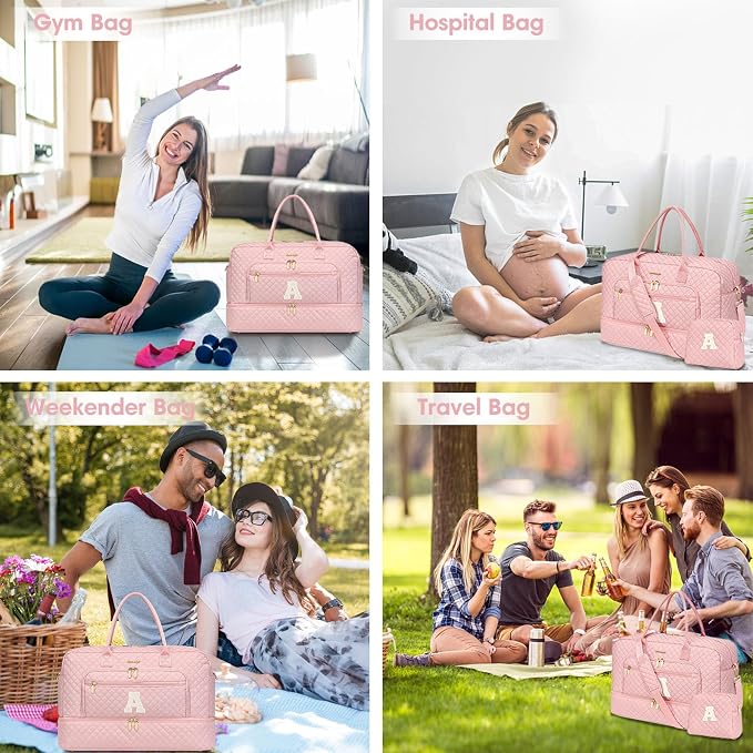 Initial Travel Duffle Bag for Women - Pink Personalized Weekender Bags Overnight Bag with Shoe Compartment & Wet Pocket Weekend Tote Bags with Toiletry Bag Monogram Xmas Gifts (Letter A) - Image 6