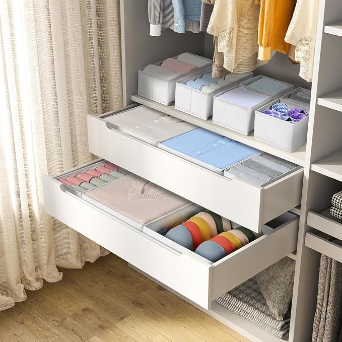DIMJ Drawer Organiser System Drawer Organiser - Pack of 12 Storage Box Fabric Foldable Underwear Wardrobe Organiser for Clothes, Socks, Ties, White - Image 7