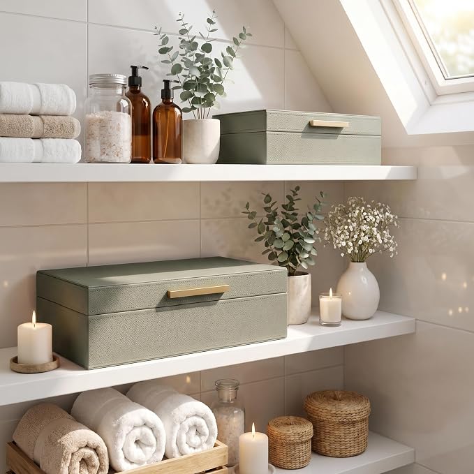 Decorative Storage Boxes with Lids - Set of 2 PU Leather Organizer Bins | Beautiful Bins for Your Bookshelf Home Decor - Safely Store Photos, Documents and Memory Box Keepsakes in Style - Image 9
