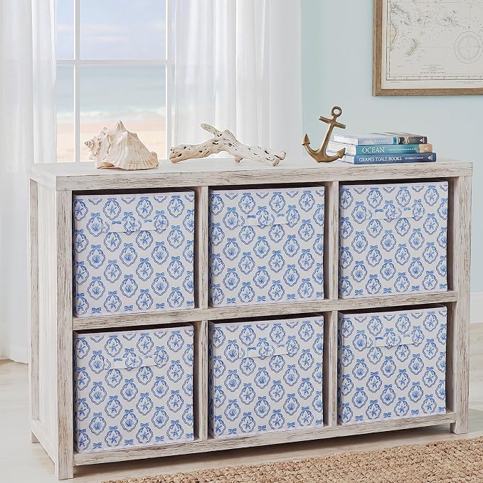 6 Pcs Blue Bow Seashell Storage Bins 11 Inch Summer Beach Storage Basket with Handle, Coastal Organizer Basket, Ocean Collapsible Fabric Box for Classroom Bedrooms Office Home Decoration Gift - Image 6