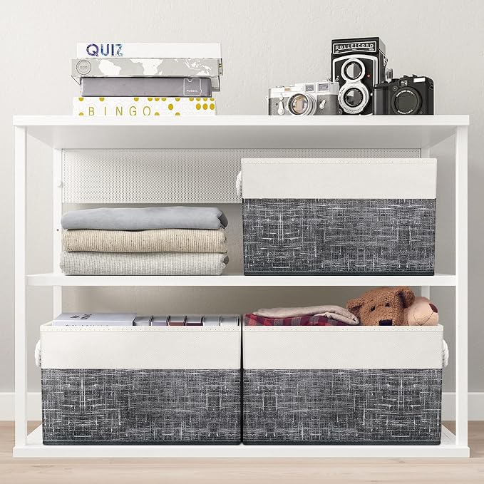 Storage Bins 6-Pack, Foldable Storage Baskets for Organizing Toys, Books, Shelves, Closet, Large Storage Box with Rope Handles, Sturdy Organizer Bins, White & Black - Image 7