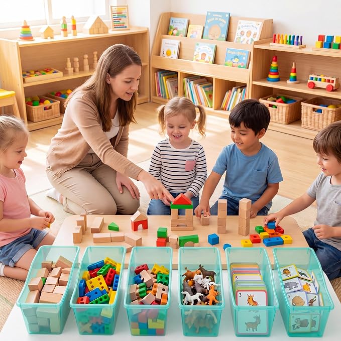 Geetery 24 Pcs Book Bin for Classroom with Labels Stackable Plastic Organizing Bins 11.5 x 5.4 x 7.5 in Book Holders Storage Bins Box Baskets for Classroom Library Home (Blue-Green) - Image 6