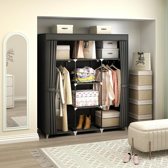 51" Portable Wardrobe Closet, Clothes Organizer, 8 Shelves 2 Rods, Black - Image 8