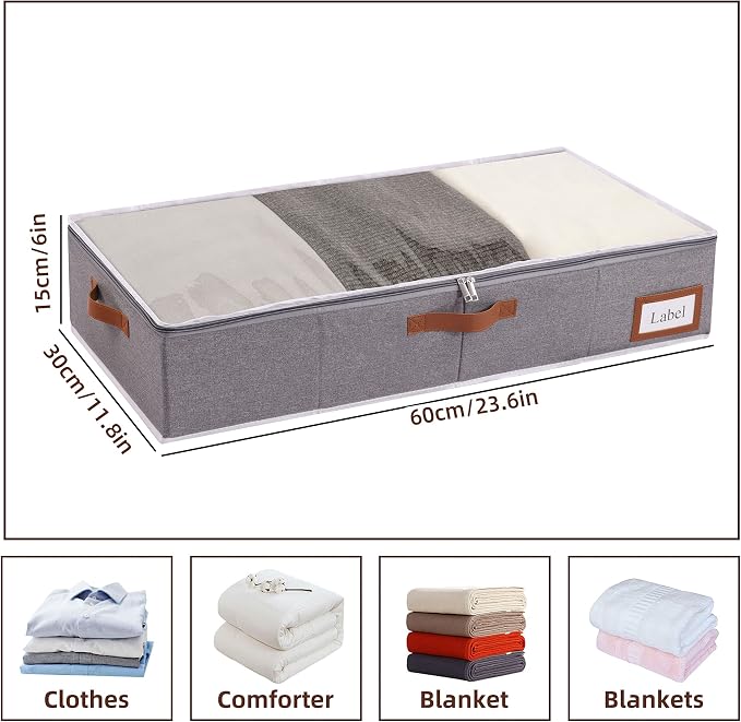 Yawinhe 27L Under Bed Storage,4 Pack Collapsible Container Bags,Grey | Blanket Storage Bags with Clear Window and Lids with 4 Leather Handles;Closet Organizers with Sorting Card Slot for Bedding - Image 6