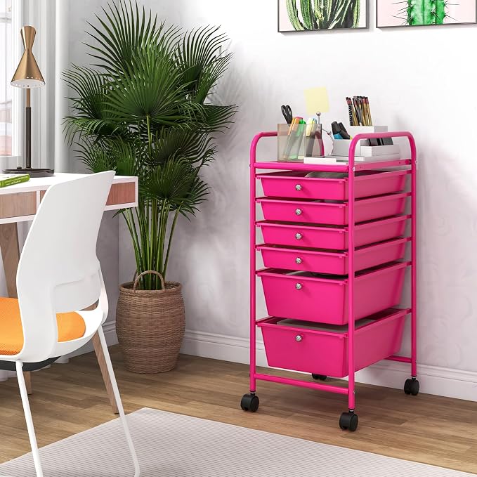 GOFLAME 6-Drawer Rolling Storage Cart, Multifunctional Art Craft Organizer, Mobile Utility Storage with Removable Drawers & Lockable Wheels, Craft Cart for Home Office, Hot Pink - Image 9