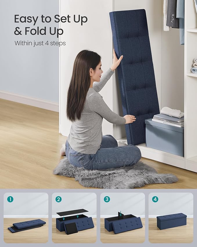 SONGMICS 43.3 Inches Folding Storage Ottoman Bench, Load 660 lb | Ottoman Foot Rest, Storage Chest, for Living Room, Entryway, Midnight Blue and Ink Black, MINOTA Collection ULSF77IN - Image 6