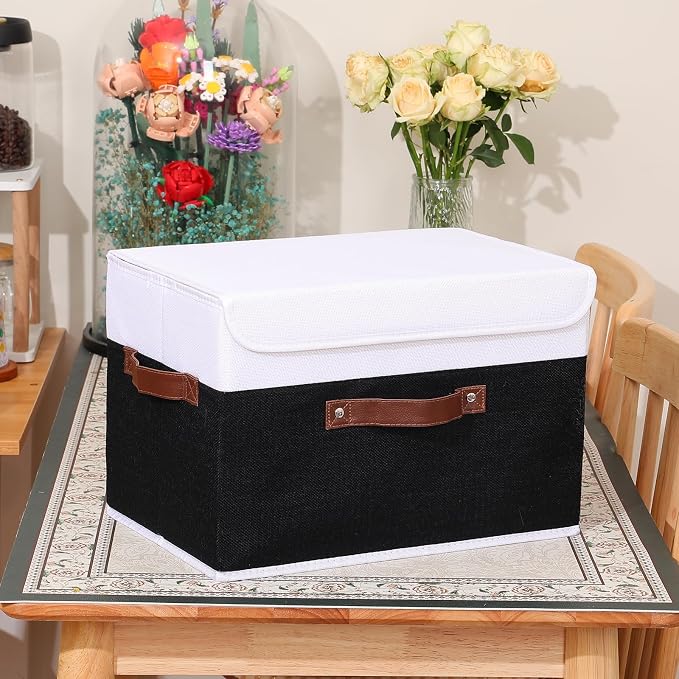 ANMINY Fabric Storage Box Bins with Lids, Black White, 15"x10"x10" | Keepsake Memory Storage, Cotton Linen, PP Board Reinforced, Washable, PU Handles, Foldable & Stackable, Decorative, Large - Image 8