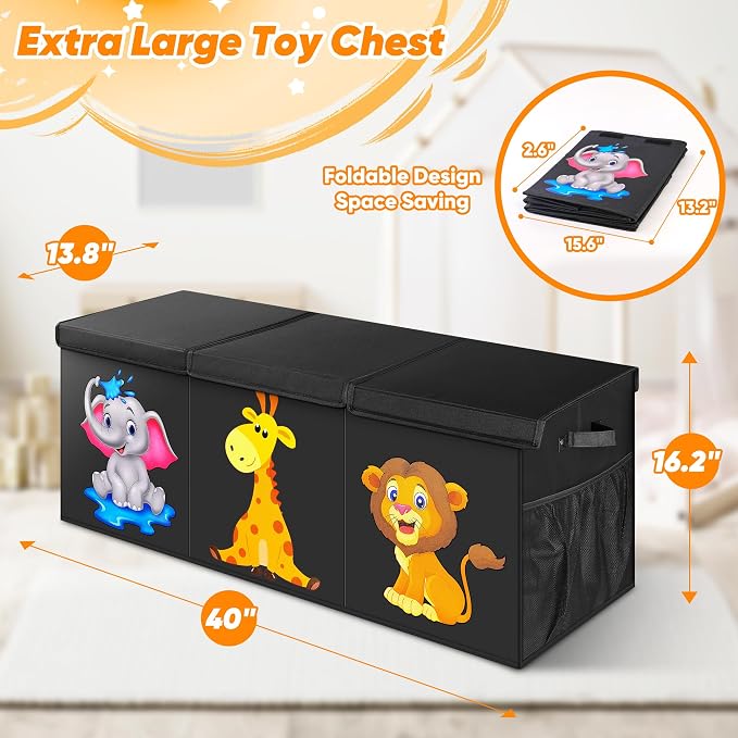 Extra Large Toy Box, Collapsible Storage Organizer with Lids, 40"x14"x16" | Black Cute Animals Kids Toy Chest Storage Bins Boxes for Boys Girls, Bedroom Nursery Playroom Organization - Image 7
