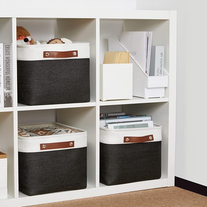 DULLEMELO Canvas Storage Bin with Handles, Fabric Bins for Shelves, Bedroom, Office,Nursery,Fabric Storage Baskets for Toys, Clothes,Gift(3-Pack Medium-15 inch X 11 inch X 9.5 inch , White&Black) - Image 6