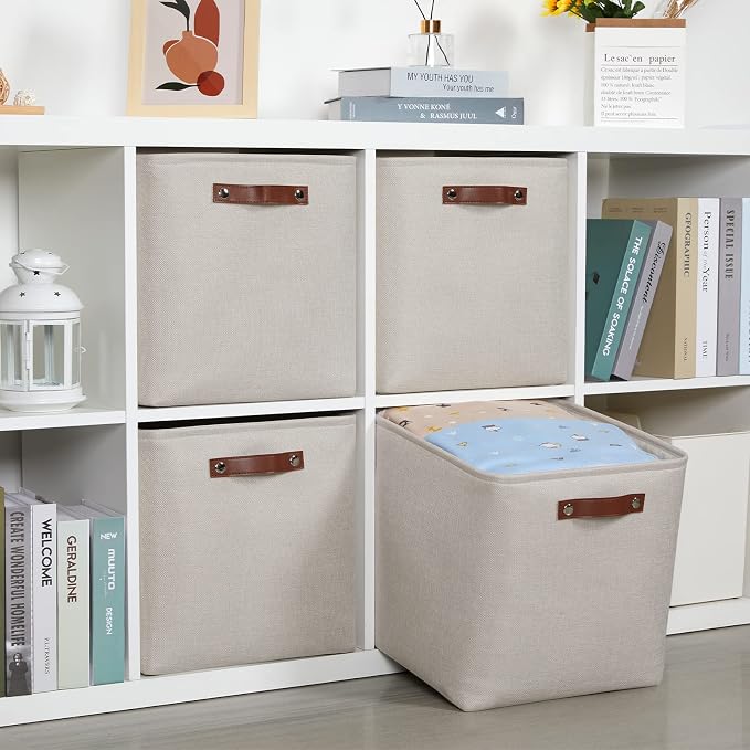 DULLEMELO Storage Bins, 4 Pack Of 13x13x13 Decorative Storage Cube Bins Suit Office, Home, Shelves And Closet, Cube Storage Bin with Leather handle(4 Pack - 13" Beige) - Image 7