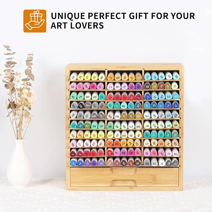 AUTOARK Bamboo Marker Organizer for 150 Markers,AHK-060 | Desktop Storage with Drawers,Art Markers Pens Pencils Brushes - Image 7