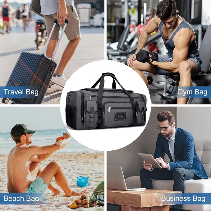 WITZMAN Duffle Bag for Men Large 54L Travel Duffel with Shoe Compartment | Water-resistant Nylon, Dry-wet Pocket, Fits 16" Laptop, Convertible for Gym, Weekender, Sports, Overnight, B717 Silvery Grey - Image 9