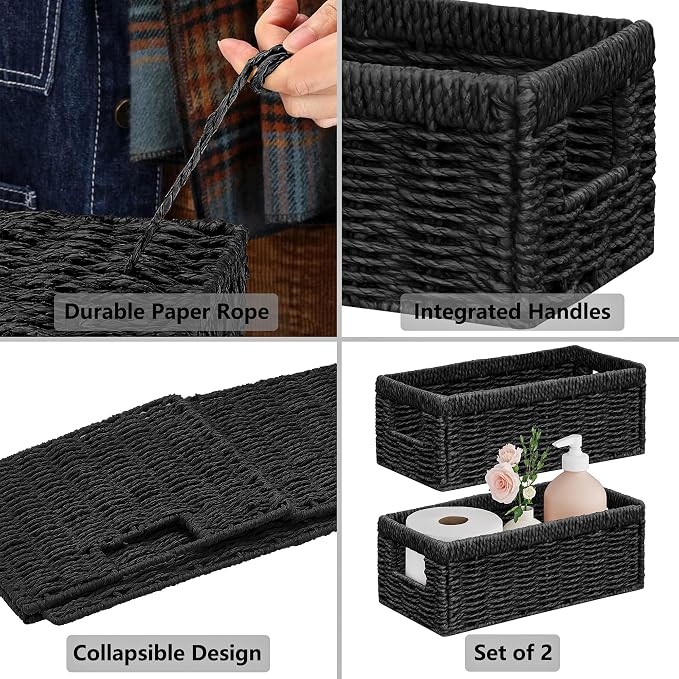 Wicker Storage Basket, Set of 2 Hand Woven Wicker Baskets for Organizing with Handles, Decorative Small Storage Bins for Countertop Toilet Paper Basket for Toilet Tank Top Shelves, Black - Image 7