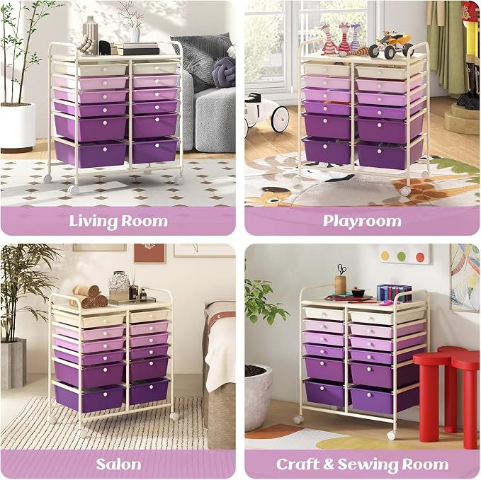 Moccha 12-Drawer Rolling Storage Cart - Utility Cart on Wheels with Lockable Casters for Craft Art Supply Paper Salon, Mobile Drawer Carts for Classroom Teacher School Office (Gradient Purple) - Image 9