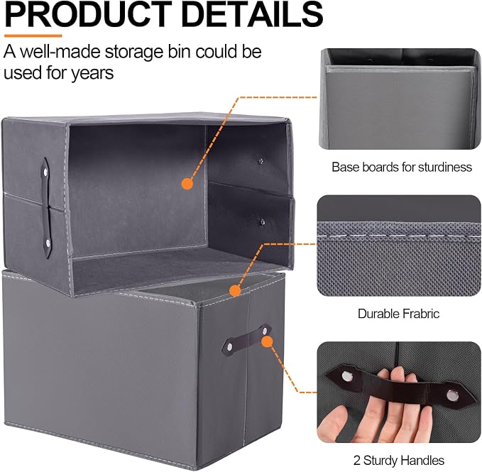 1 Pack Large Collapsible Storage Baskets for Shelves,14.9"x9.5" Fabric Closet storage Boxes with Leather Handles,Decorative Organizers Storage Bins for Clothes,Sheets,Toys,Books,(Gray) - Image 7