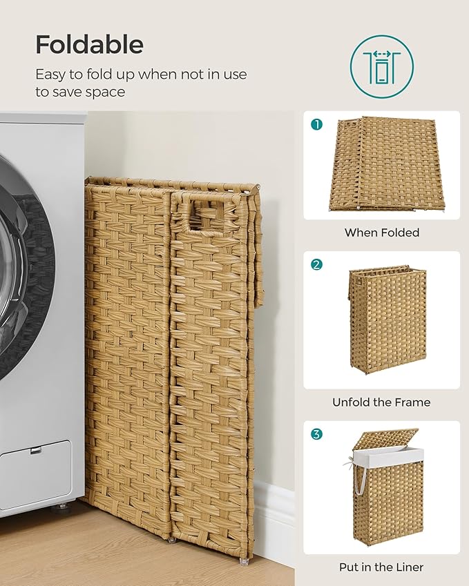 SONGMICS Slim Laundry Hamper with Lid, 14.5 Gallon (55L) Rattan Clothes Laundry Basket with Lid and Handles, Foldable, Removable Liner, Goose Yellow ULCB164N01 - Image 6