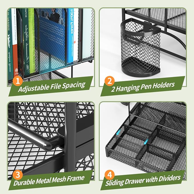 FANXIYQ Metal Desk Organizer with Sliding Drawer, 7-Section File Organizer for Desk, Desktop File Folder & Paper Organizer with 2 Hanging Pen Holders, Office Supplies Organizer, Black - Image 7
