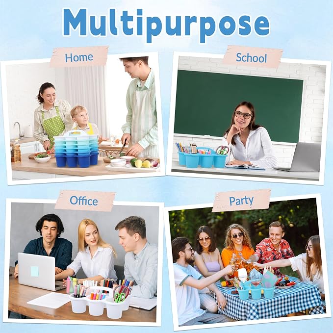 6 Pack Classroom Caddy Organizer with Handle, 6 Compartments, Gradient Blue | Stackable Plastic Table Caddies, 12x9x3.5 In, caddy Organizer for School Supplies, Crayons, Pencils, Crafts and Drink Cups - Image 7
