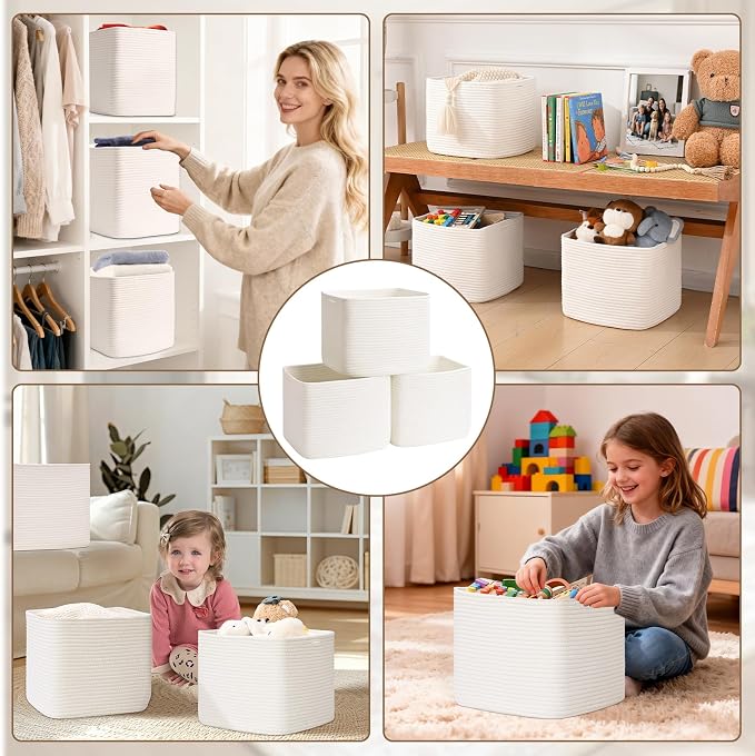 3 Pack Cube Storage Bin, 12”x12”x10” Cotton Rope Woven Baskets for Organizing Toys Clothes Towels, Square Gift Storage Baskets for Shelves, Nursery, Closet, Bathroom, Pantry (White) - Image 8