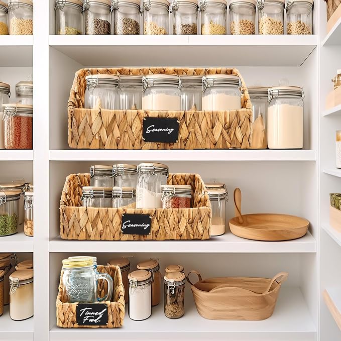 4 Pcs Water Hyacinth Storage Basket Set Boho Wicker Rattan Pantry Basket with Chalkboard Label Handles Woven Container Kitchen Laundry Large Small for Shelves Food Home Bathroom Decor - Image 7
