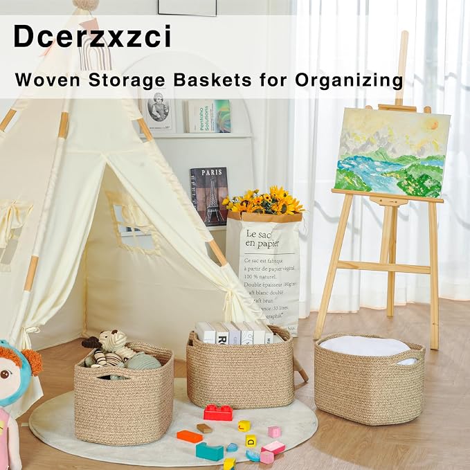 Storage Baskets for Organizing Shelves, Woven Cotton Rope Basket for Storage, Dog Toy Baskets Storage Kids, Cute Shelf Basket for Living Room Bedroom, 14.8"×11"×9.5", Pack of 3, Brown - Image 6