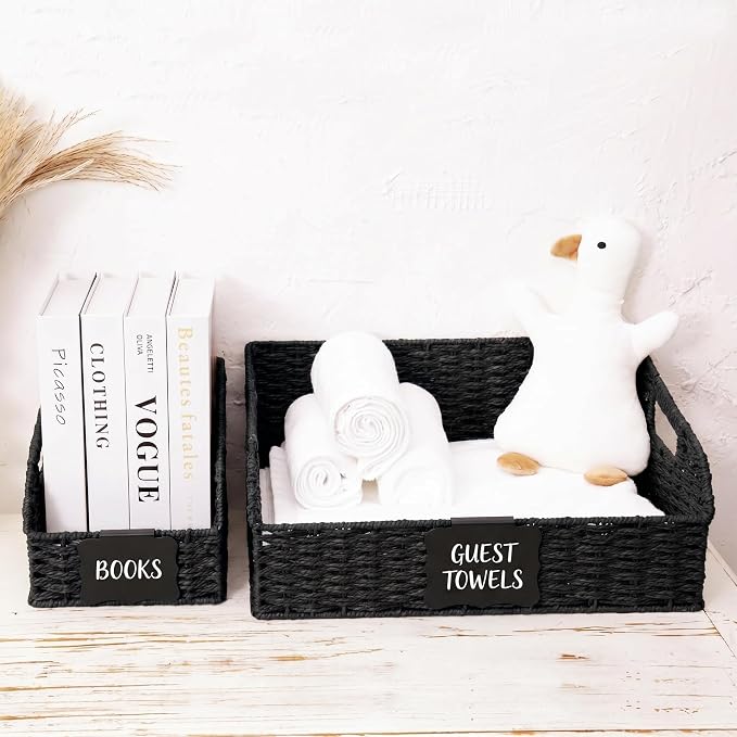 Pantry Organizers, Handwoven Large Wicker Baskets for Shelves, Labeled Storage Baskets for Organizing with Handles - Paper Storage Bins, Boho Decorative, 3 Pack, Black - Image 9