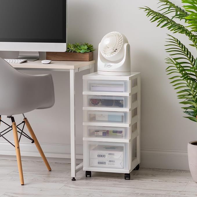 IRIS USA 5-Drawer Rolling Storage Cart with Organizer Top, White/Clear | Keep classroom supplies, teacher essentials, craft materials, and learning tools organized with easy-access drawers. - Image 9