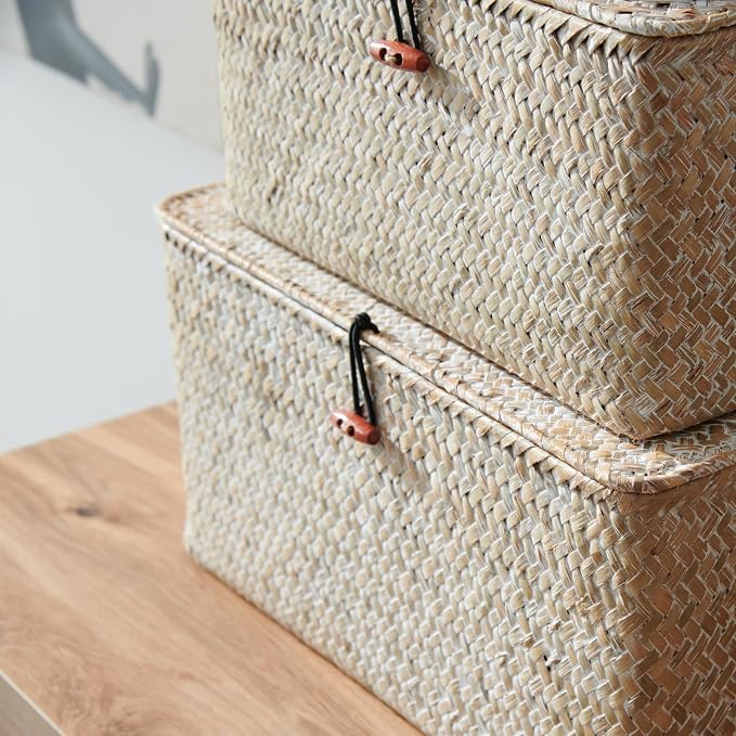 4 Pack, Wicker Baskets with Lids, Natural Seagrass Storage Baskets, Woven Rectangular Basket Bins, Rattan Storage Organizer for Shelf (Whitewashed, Set of 4) - Image 9