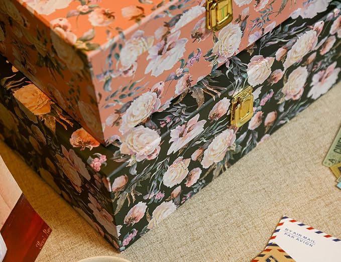 2-Piece Vintage Floral Keepsake Boxes with Lids, Romantic Botanical Garden Design, Decorative Cardboard Memory Storage with Gold-Tone Accent, Elegant Home Décor Storage - Image 6