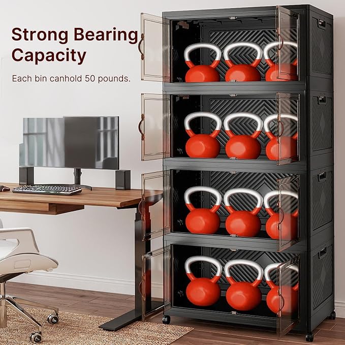 Stackable Storage Bins with Lids, 1440QT Lockable Storage Cabinet | Folding Storage Box with Doors and Wheels, Collapsible Plastic Drawers for Home, Garage, Office - Image 8