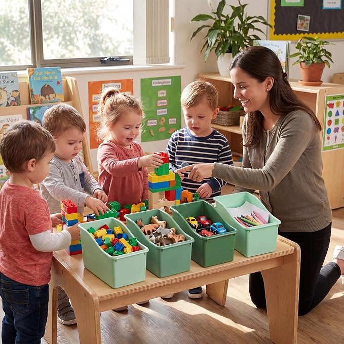 Geetery 12 Pcs Book Bin for Classroom with Labels Stackable Plastic Organizing Bins 11.5 x 5.4 x 7.5 in Book Holders Storage Bins Box Baskets for Classroom Library Home (Green Color Scheme) - Image 6